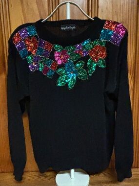 VTG Giorgio Sant'Angelo Black Knit Floral Sequin Party Sweater Size M